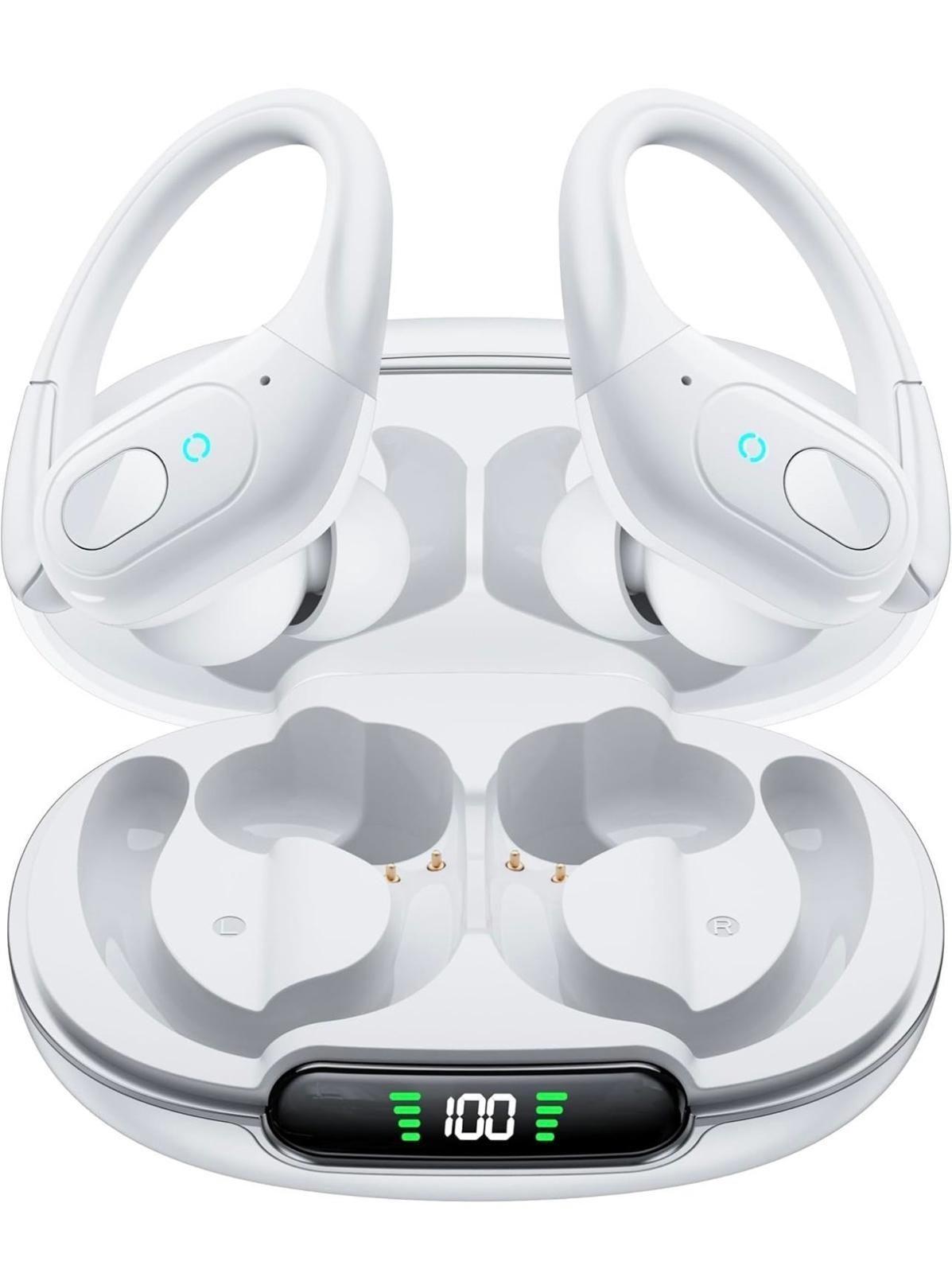 (NEW $49.99) White Wireless Earbuds, Running/Cycling u0026 LED Charge Case