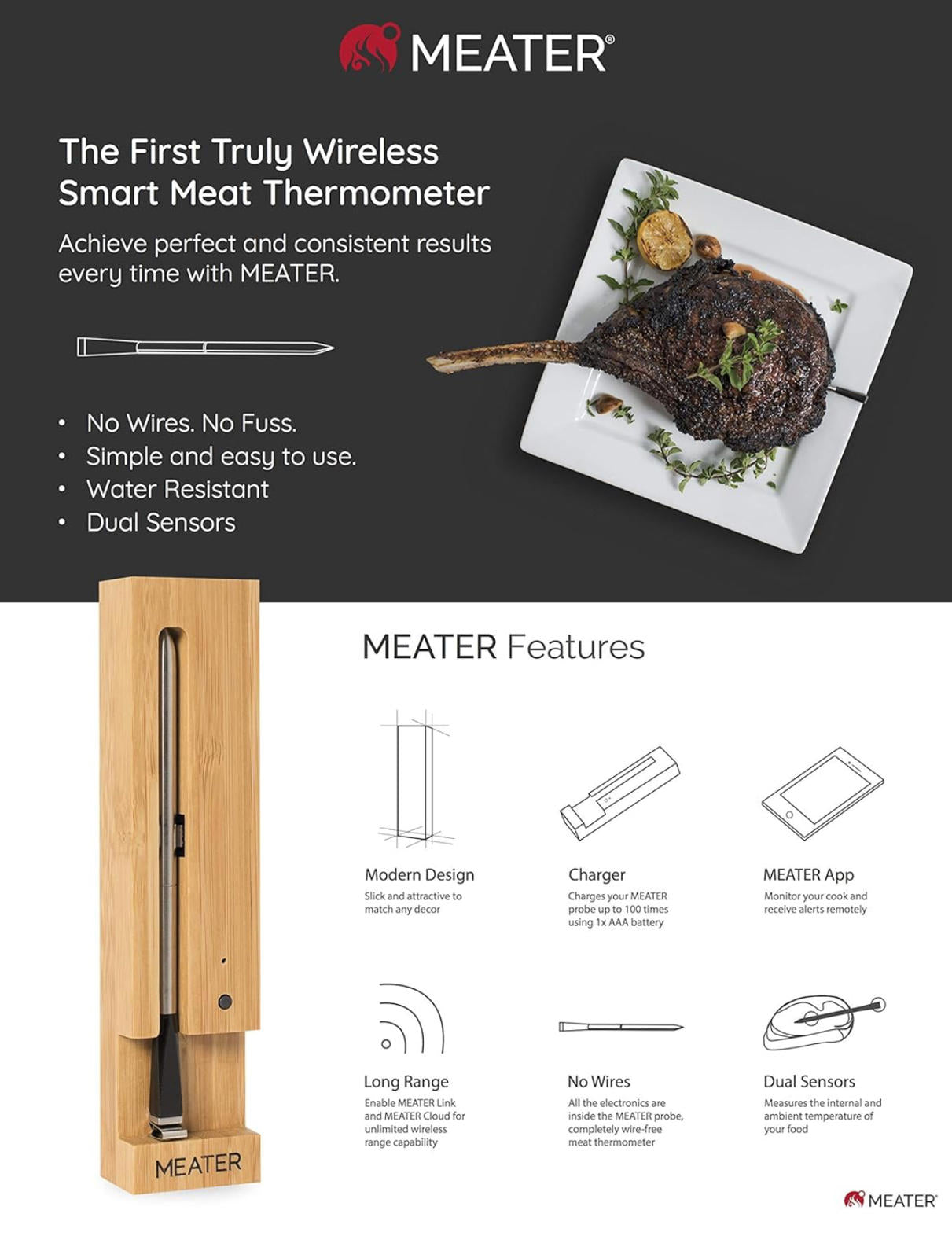 (MSRP $69.99) MEATER Original Wireless Smart Meat Thermometer – Bluetooth & WiFi