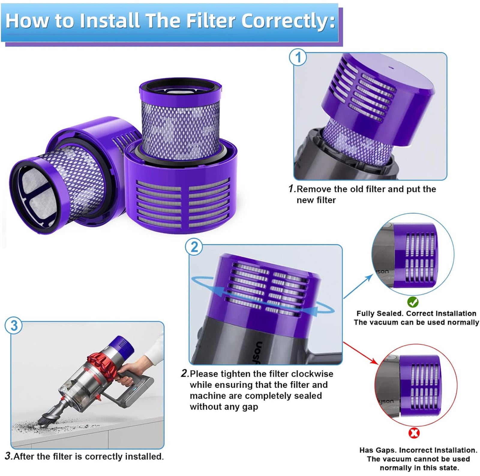 (MSRP $19.99) Leadaybetter 2-Pack Washable Filters +Cleaning Brush for Dyson V10