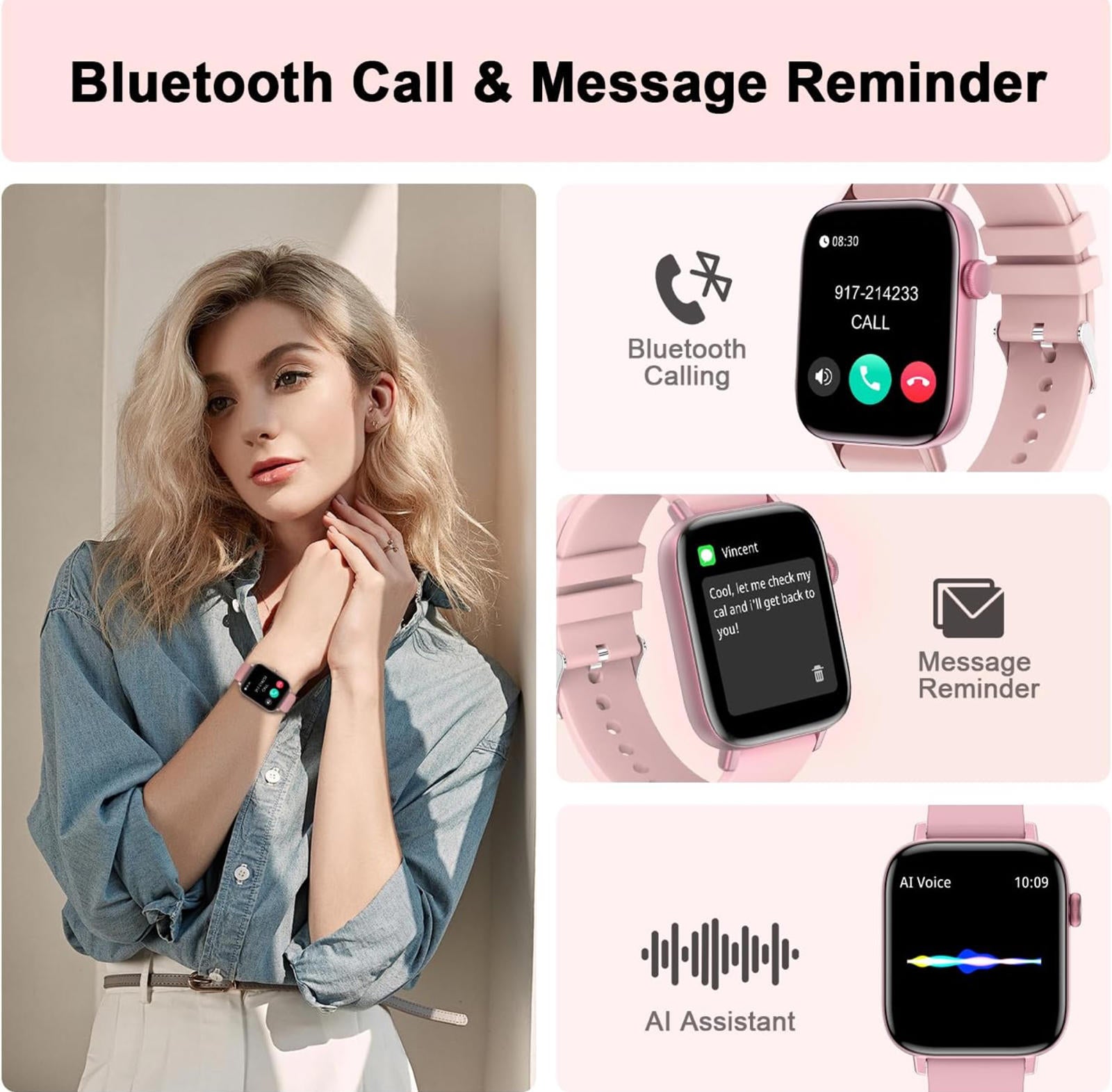 (MSRP $49.99) Smart Watch – 1.9” HD Screen, Calls, Fitness Tracking, Pink