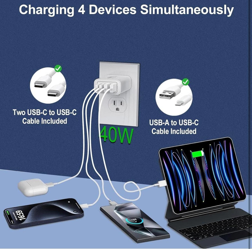 (MSRP $19.99) 2-Pack 40W 4-Port PD Fast Charger with 2×USB-C, 2× USB-A Cables