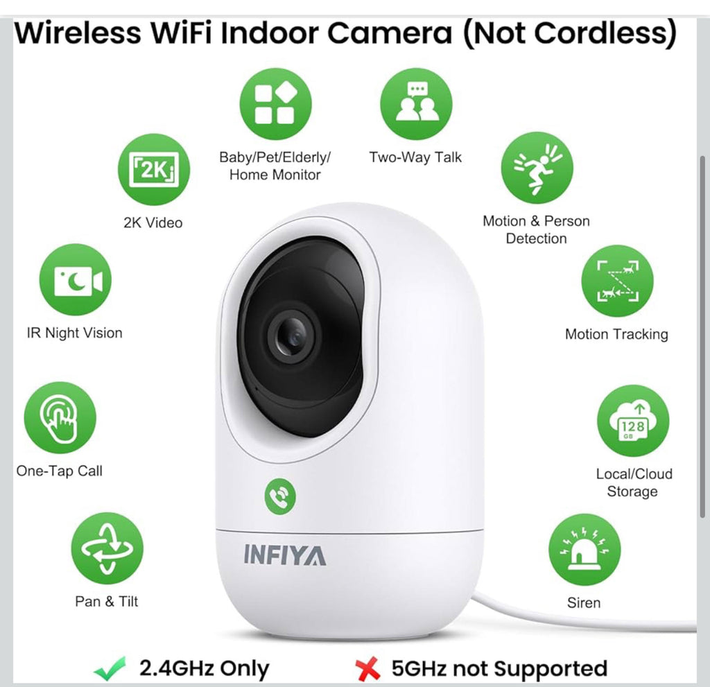 (MSRP $59.99) Infiya 2K Indoor 360° Security Camera – Motion Track, One-Tap Call