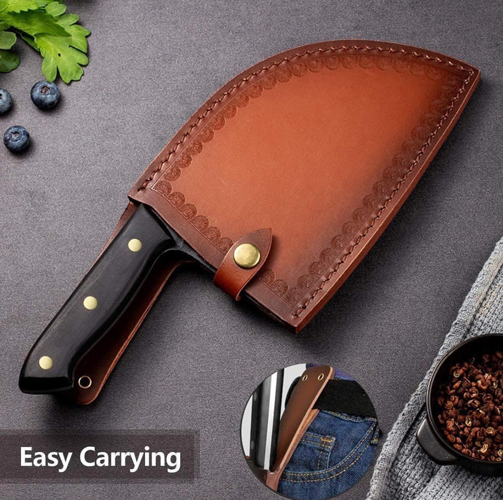 (MSRP $39.99) Serbian Chef Knife – Forged Cleaver with BLACK Leather Sheath