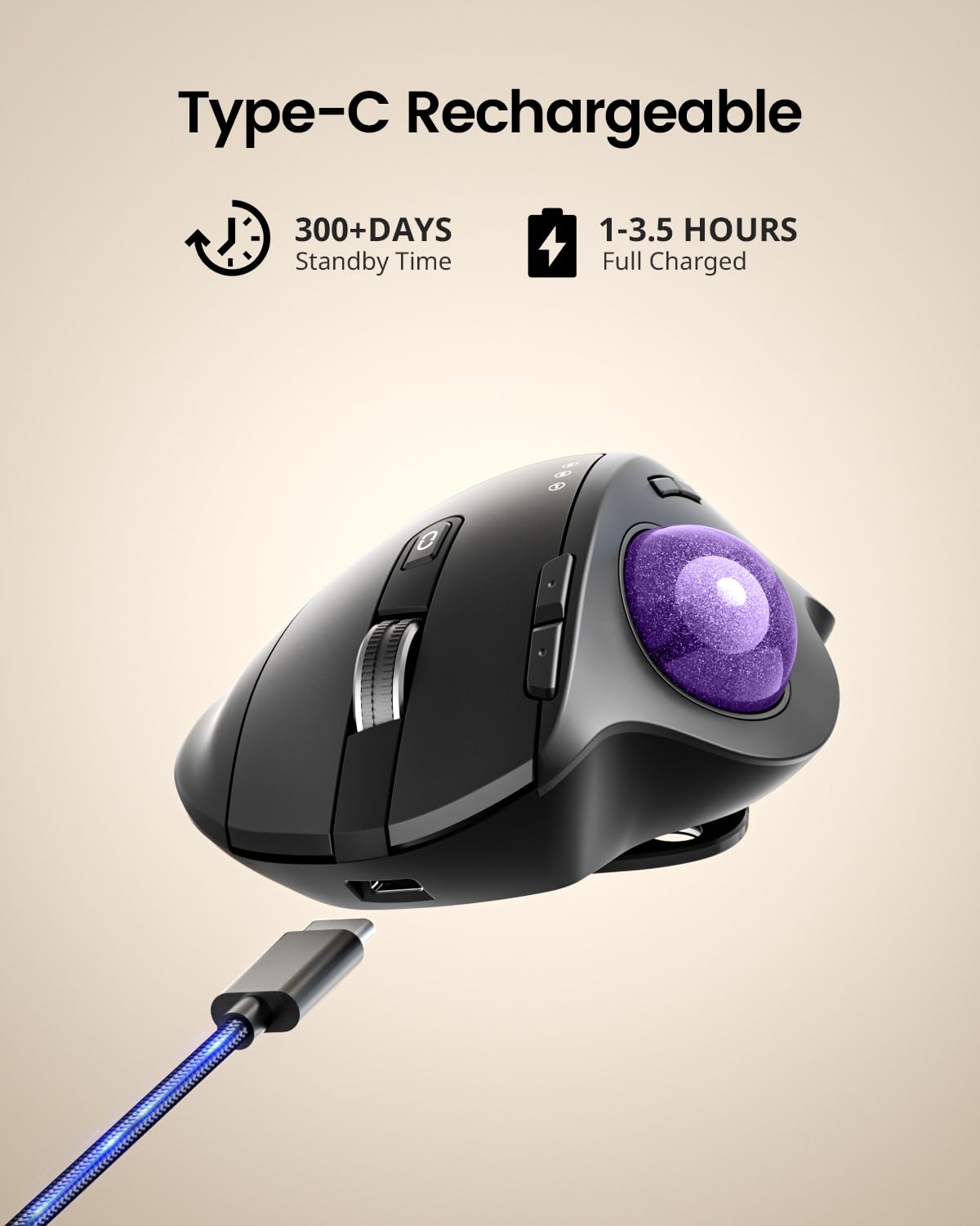 ProtoArc Wireless Trackball Mouse, EM01 NL Ergonomic Bluetooth Rollerball Thumb Rechargeable Computer Laptop Mouse, Adjustable Angle & 3 Device Connection for PC, Mac, Windows-Gray Ball