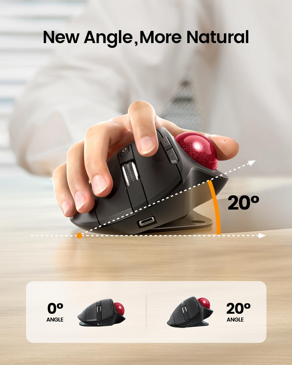 ProtoArc Wireless Trackball Mouse, EM01 NL Ergonomic Bluetooth Rollerball Thumb Rechargeable Computer Laptop Mouse, Adjustable Angle & 3 Device Connection for PC, Mac, Windows-Gray Ball