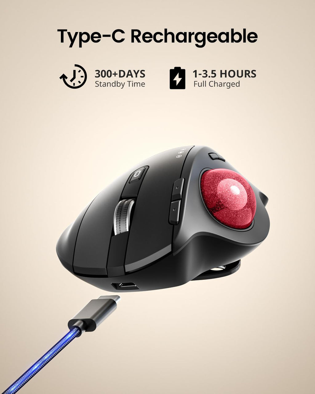ProtoArc Wireless Trackball Mouse, EM01 NL Ergonomic Bluetooth Rollerball Thumb Rechargeable Computer Laptop Mouse, Adjustable Angle & 3 Device Connection for PC, Mac, Windows-Gray Ball
