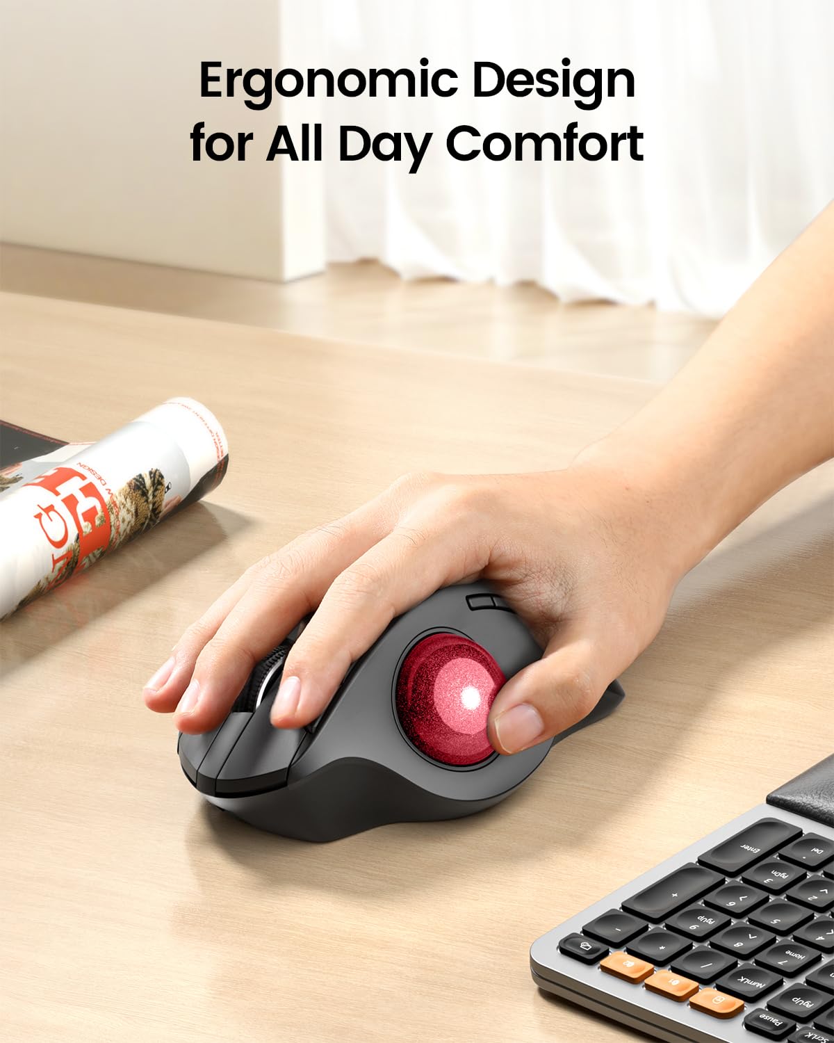ProtoArc Wireless Trackball Mouse, EM01 NL Ergonomic Bluetooth Rollerball Thumb Rechargeable Computer Laptop Mouse, Adjustable Angle & 3 Device Connection for PC, Mac, Windows-Gray Ball