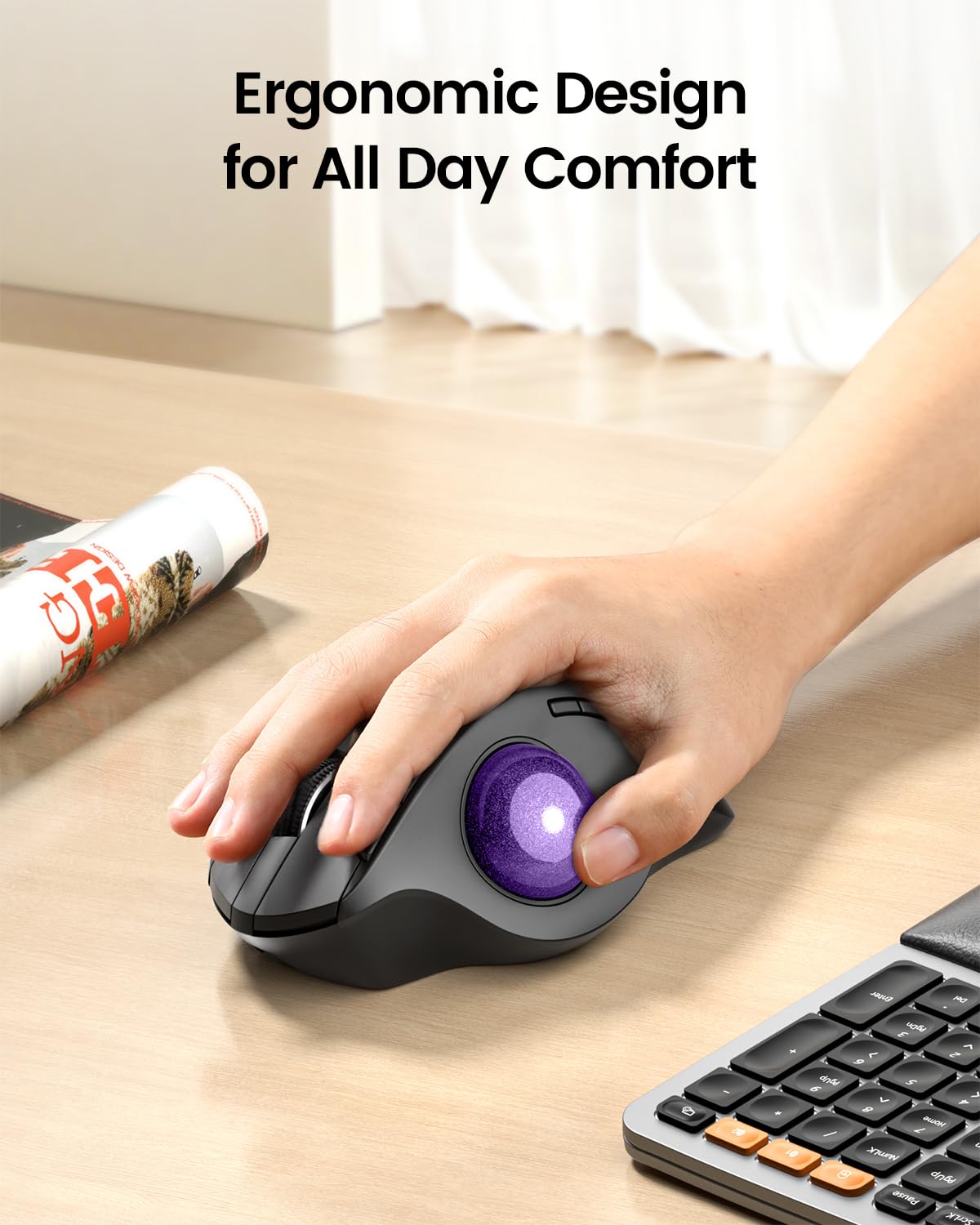 ProtoArc Wireless Trackball Mouse, EM01 NL Ergonomic Bluetooth Rollerball Thumb Rechargeable Computer Laptop Mouse, Adjustable Angle & 3 Device Connection for PC, Mac, Windows-Gray Ball