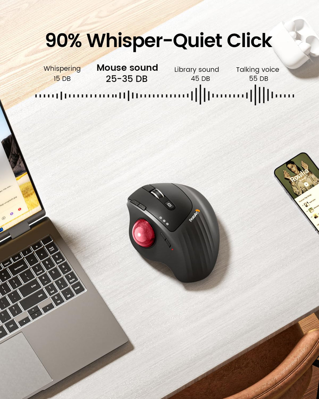 ProtoArc Wireless Trackball Mouse, EM01 NL Ergonomic Bluetooth Rollerball Thumb Rechargeable Computer Laptop Mouse, Adjustable Angle & 3 Device Connection for PC, Mac, Windows-Gray Ball