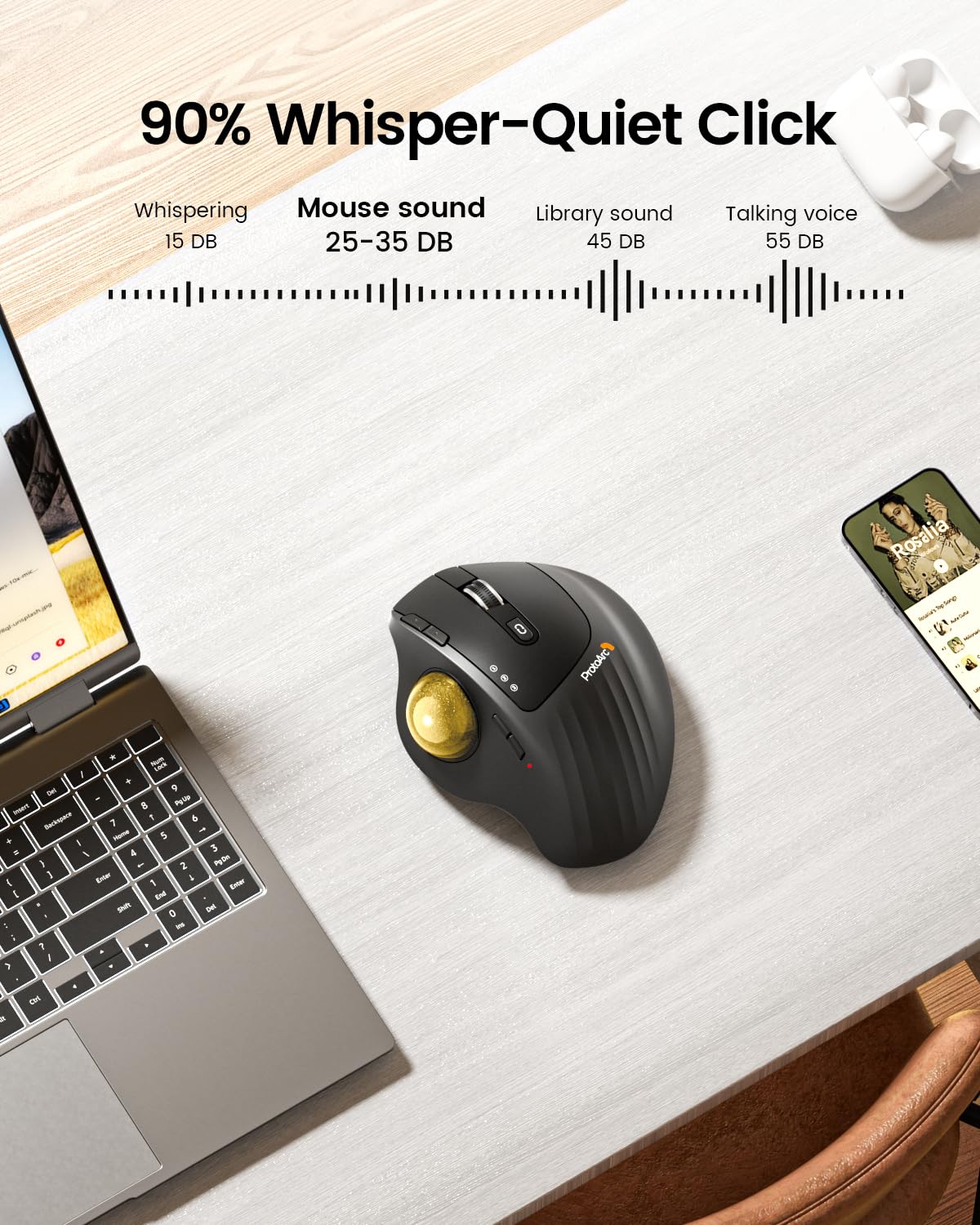 ProtoArc Wireless Trackball Mouse, EM01 NL Ergonomic Bluetooth Rollerball Thumb Rechargeable Computer Laptop Mouse, Adjustable Angle & 3 Device Connection for PC, Mac, Windows-Gray Ball