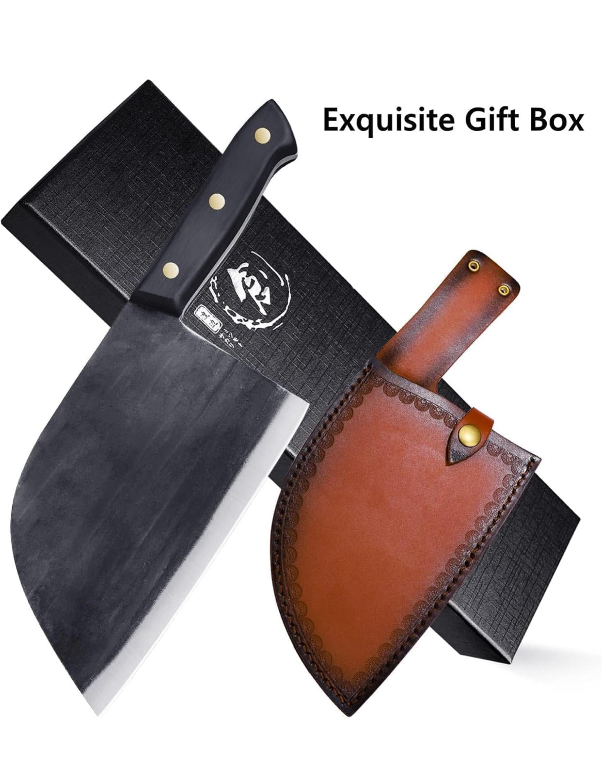 (MSRP $39.99) Serbian Chef Knife – Forged Cleaver with BLACK Leather Sheath