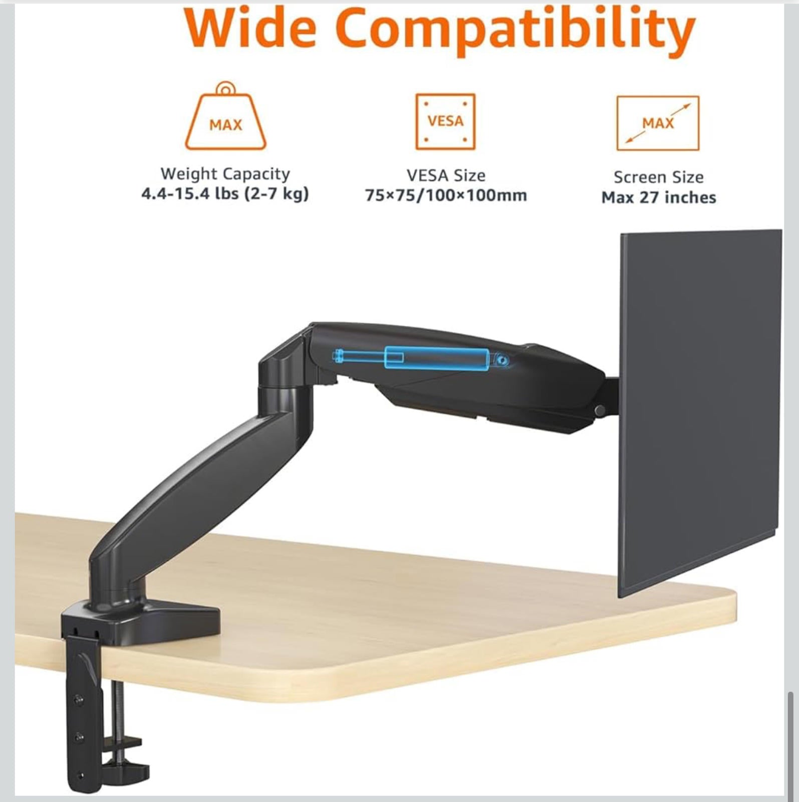 (MSRP $39.99) Amazon Basics Gas Spring Single Monitor Arm Fits up to 27” Screens