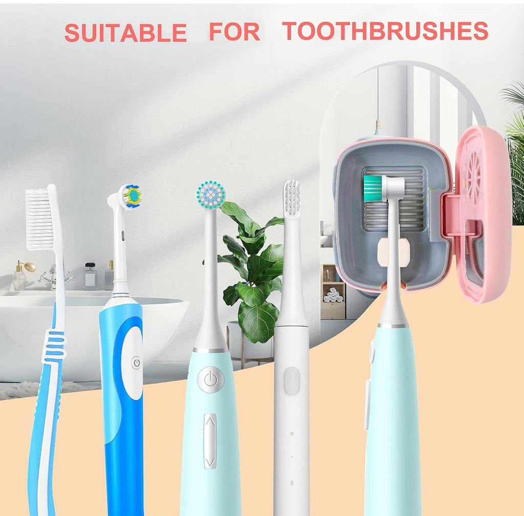 (MSRP $19.99) Mini Travel Toothbrush Case – Air Drying Fan+UV Drying Lamp (Pink)