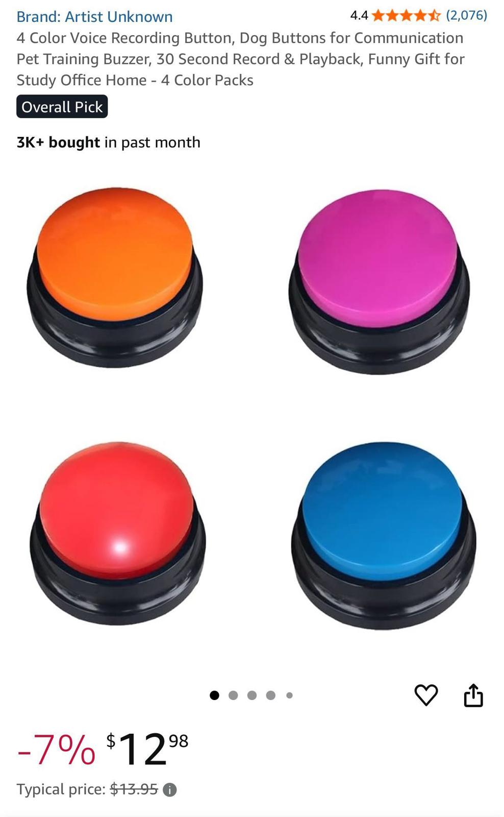 (NEW MSRP $24.99) 4 Color Voice Recording Button, Dog Buttons for Pet Training
