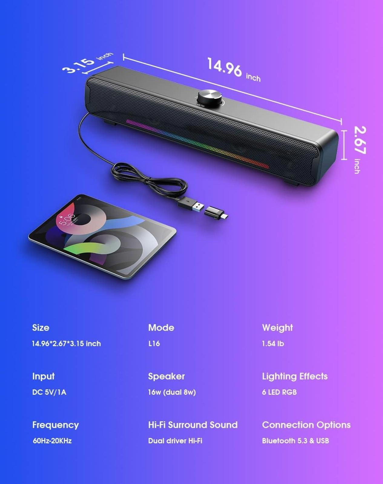 (MSRP $49.99) Bluetooth Dynamic RGB Soundbar, 16W Dual HiFi Stereo, USB-Powered