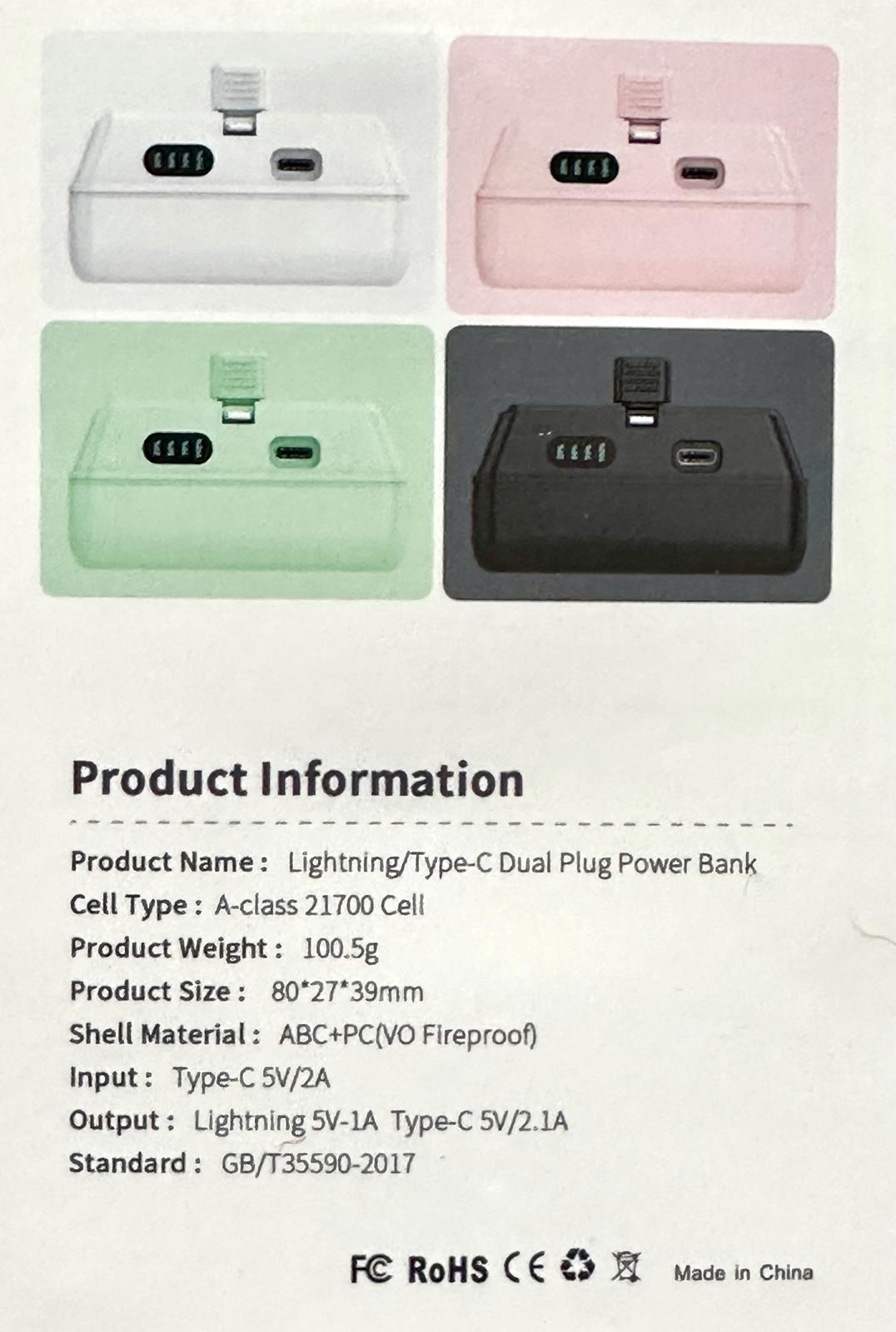 (MSRP $16.99) Phone Power Bank, iPhone & USB-C 5000mAh Switchable Plug (BLACK)